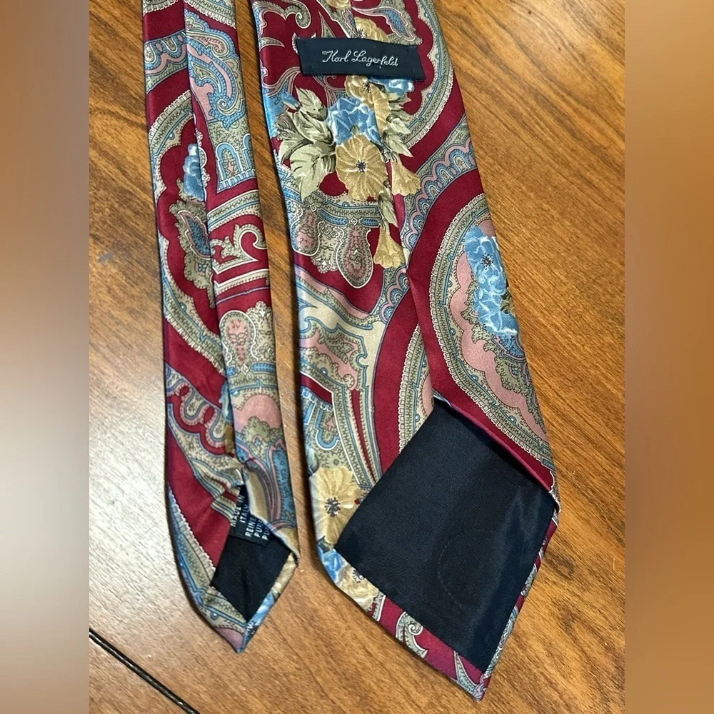 Vintage Karl Lagerfeld Tie Italy | 100% Silk | Red Paisley Floral Print | 60”